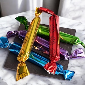 以下が含まれることがあります： 金色、緑色、紫色、赤色、青色など、さまざまな色で個別に包装されたチョコレートバーが5本あります。 ラッパーは光沢があり、メタリックな仕上げになっています。 バーは黒いスレートの表面に配置されています。