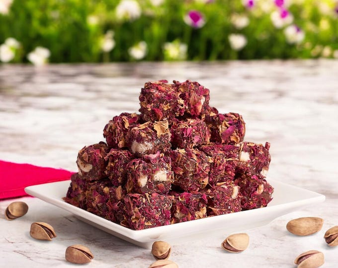 Double Roasted Turkish Delight with Pistachios, Covered in Delicate Rose Petals – Elegant Gift & Treat