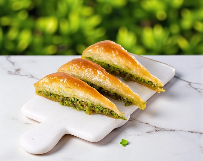 Pistachio Carrot Slice Baklava, Handmade Triangular Dessert with Thin Phyllo & Natural Nuts, Gourmet Treat