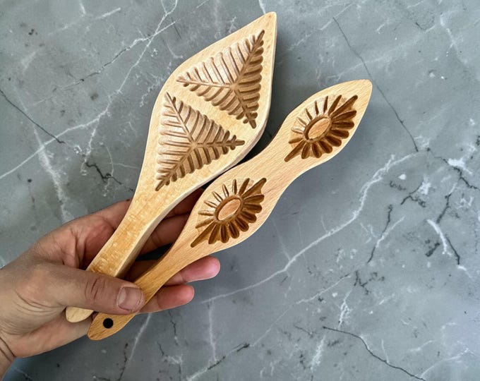 Handmade Wooden Cookie Mold Set Leaf Pattern 2 Piece Baking Stamps