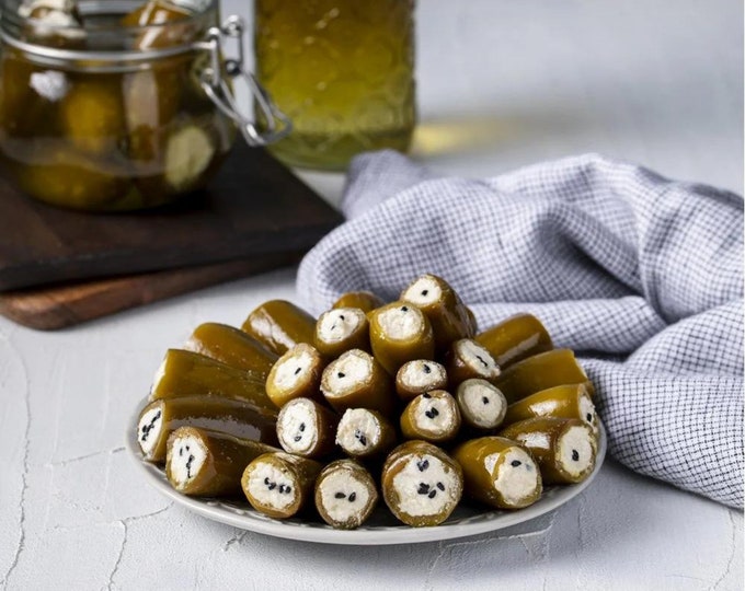 Cheese-Stuffed Green Pepper Pickles, Delicious Gourmet Treat for Appetizers or Snacks, Ideal Gift for Culinary Enthusiasts