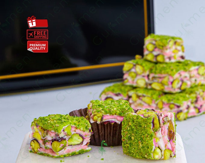 Featured listing image: Handmade Turkish Delight with Raspberry Puree and Pistachios Traditional and Modern Touch, Ideal for Special Occasions, Unforgettable Flavor