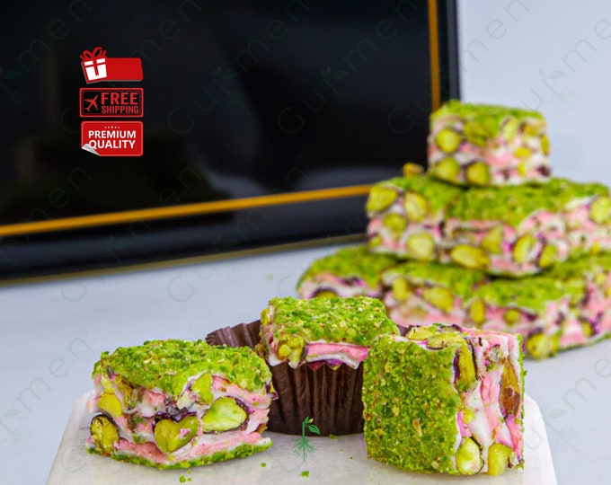Handmade Turkish Delight with Raspberry Puree and Pistachios Traditional and Modern Touch, Ideal for Special Occasions, Unforgettable Flavor