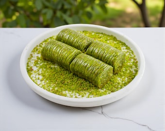 Handmade Turkish Pistachio Roll Baklava: Traditional Dessert Gift