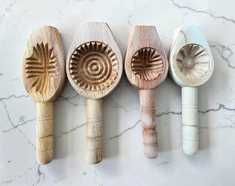 4 Piece Wooden Cookie Mold Set, Authentic Maamoul Press, Carved Pastry Stamp