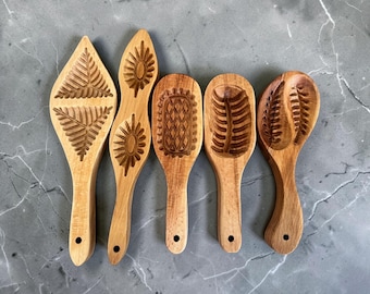 Wooden Cookie Mold Set of 5 Traditional Pattern Hand Carved Baking Stamps