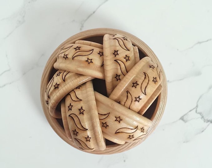 Wooden Moon Star Pattern Bowl Set 7 Piece Handmade Kitchen Decor