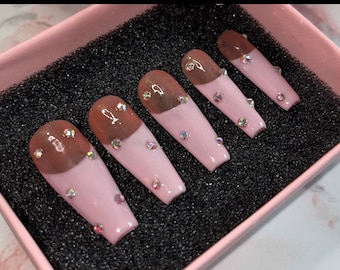 Pink French Tip with Rhinestones | Press On Nails Coffin | Pink Nails | French tip | Luxury Nail’s