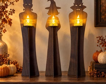 Halloween LED Tealight Holders Set of 3 | Walnut Witch, Vampire & Monster Mantel Decor