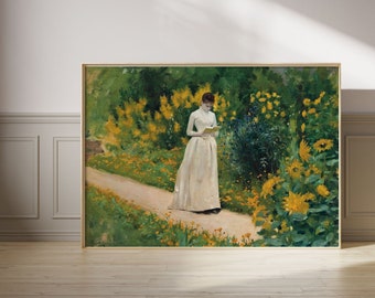 Woman Reading  | Vintage painting wall art | vintage wall décor | yellow flowers print | reading print| vintage print | elegant woman print