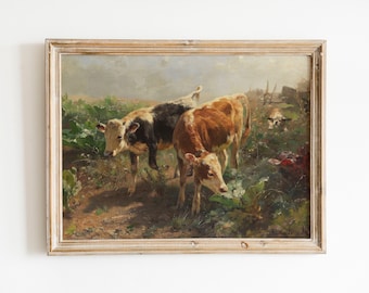 Cow print | vintage farm | two cows in a farm |Vintage painting wall art | vintage print | cow poster| cow painting | vintage cow print