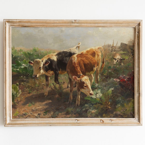 Imprimé vache | ancienne ferme | deux vaches dans une ferme | oeuvre d'art murale peinture vintage | impression vintage | affiche de vache | peinture vache | impression vache vintage