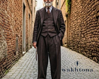 メンズ レトロ スーツ ブラウン ウール 1920 年代 3 ピース スーツ