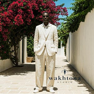 1920s Style Old money Vintage Cream Linen 2 Piece Suit , Linen Single Breasted Two Piece Suit.