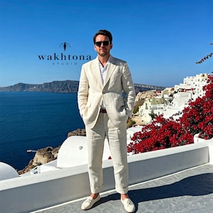 Old money Vintage Off White Linen 2 Piece Suit , Linen Single Breasted Two Piece Suit, Linen Suit For Wedding.