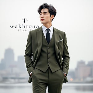 Premium Olive Green Three Piece Suit, Stylish Formal Attire For Any Occasion - Tailored Suit - Summer Wedding Suit.