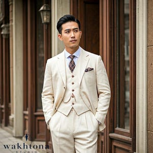 Men's Cream Linen Three Piece Suit, Summer Linen Suit, Cream Linen Suit, Vintage Linen Suit, Linen Suit For Wedding.