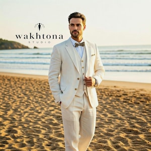 Men's Cream Linen Three Piece Suit, Summer Linen Suit, Cream Linen Suit, Beach Wedding Linen Suit, Linen Suit For Wedding.