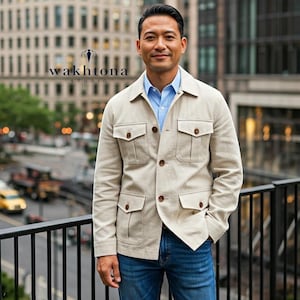 Men&#39;s Vintage Beige Linen Safari Jacket: Summer Travel Blazer