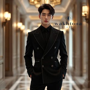 Op de afbeelding: Een zwart dubbelbreasted pak met zilveren stikseldetails. Het pak bevat een bijpassend zwart overhemd en broek. De afbeelding toont de tekst "wakhtona STUDIO".