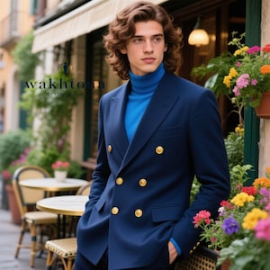 Vintage Marineblauer Zweireihiger Blazer: Ralph Lauren Style, Terry Rayon