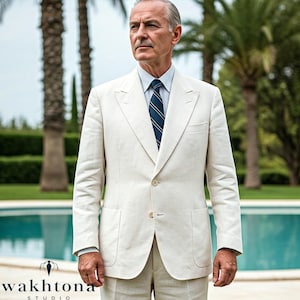 1920s Style Old money Vintage off White Linen 2 Piece Suit , Summer Linen Suit , Business Suit For men, Linen heigh waist Suit.