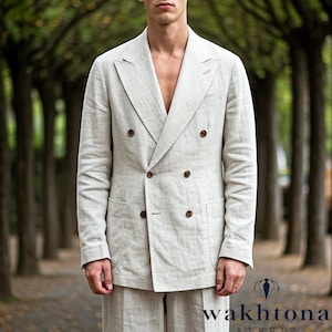 Premium Beige Linen Double Breasted Blazer, Linen Blazer, Summer Linen Jacket, Vintage Men&#39;s Linen Blazer.