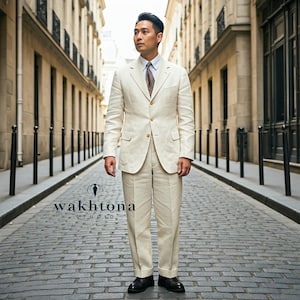 1950s Style Old money Vintage Cream Linen 2 Piece Suit , Linen Single Breasted Two Piece Suit, Linen Suit For Wedding.