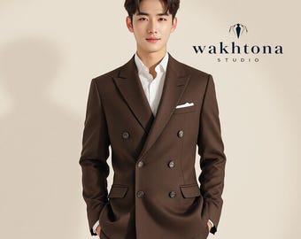 Classic Fit Men's Basic Double Breasted Suit Jacket in Brown Color