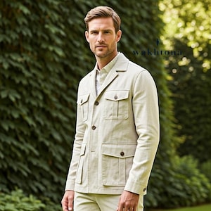 Men&#39;s Vintage Beige Linen Safari Suit: 2-Piece Summer Set