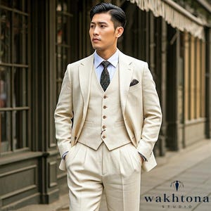 Men's Cream Linen Three Piece Suit, Summer Linen Suit, Cream Linen Suit, Vintage Linen Suit, Linen Suit For Wedding.