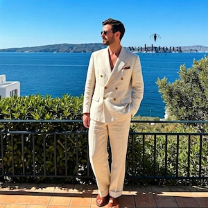 1920s Style Old money Vintage Cream Linen 2 Piece Suit , Linen Double Breasted Two Piece Suit, Beach Linen Suit.