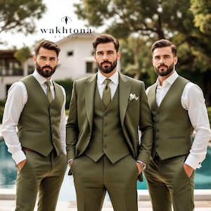 Groom&#39;s Men Olive Green 3 Piece Suit, Green Suit For Wedding, Casual Wear Suit For Men, Summer Wedding Suit.