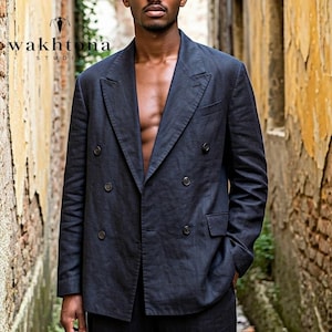 Premium Black Linen Double Breasted Blazer, Linen Blazer, Summer Linen Jacket, Vintage Men&#39;s Linen Blazer.
