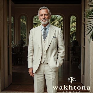 1920s Style Beige Linen 3-Piece Suit: Vintage Business Attire