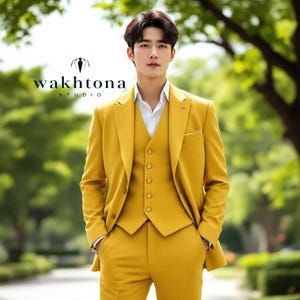 Premium Mustard Yellow Three Piece Suit, Stylish Formal Attire For Any Occasion - Tailored Suit - Summer Wedding Suit.