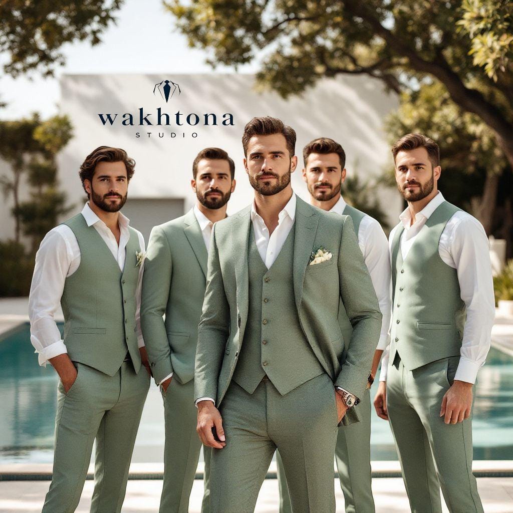 Trzyczęściowy garnitur w kolorze szałwiowej zieleni, frotte, strój ślubny pana młodego