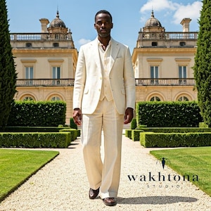Men's Cream Linen Three Piece Suit, Summer Linen Suit, Cream Linen Suit, Beach Wedding Linen Suit, Linen Suit For Wedding.