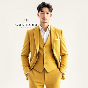 Premium Mustard Yellow Three Piece Suit, Stylish Formal Attire For Any Occasion - Tailored Suit - Summer Wedding Suit.