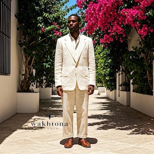 1920s Style Old money Vintage Cream Linen 2 Piece Suit , Linen Single Breasted Two Piece Suit.