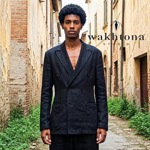 Premium Black Linen Double Breasted Blazer, Linen Blazer, Summer Linen Jacket, Vintage Men&#39;s Linen Blazer.