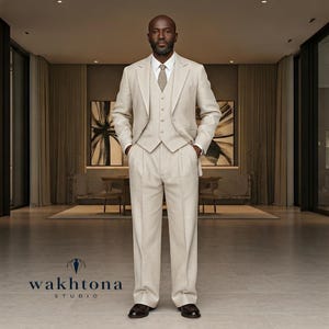 1920s Style Old money Vintage Beige Linen 3 Piece Suit , Summer Linen Suit , Business Suit For men.