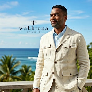 Men&#39;s Vintage Beige Linen Safari Suit: 2-Piece Summer Set