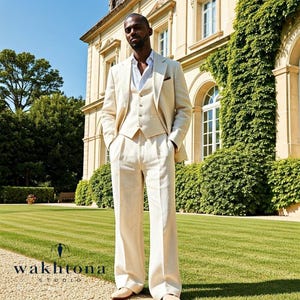 Men's Cream Linen Three Piece Suit, Summer Linen Suit, Cream Linen Suit, Beach Wedding Linen Suit, Linen Suit For Wedding.