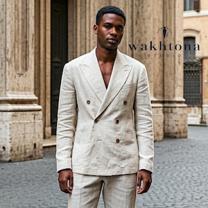 1920s Style Old money Vintage Beige Linen 2 Piece Suit , Summer Linen Suit , Business Suit For men, Linen heigh waist Suit.