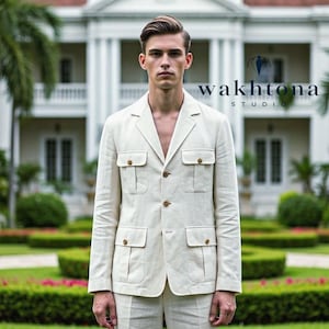Men&#39;s Old money Vintage Off White Linen Safari 2 Piece Suit , Summer Linen Safari Suit, Men&#39;s Linen Safari Jacket.