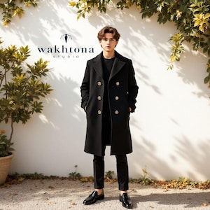 Abrigo de lana negro para hombre de los años 20: abrigo de invierno largo estilo vintage, disfraz de Halloween, regalo de Navidad para él.