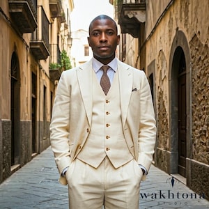 1920s Style Old money Vintage Cream Linen 3 Piece Suit , Summer Linen Suit , Business Suit For men. Linen Wedding Suit .