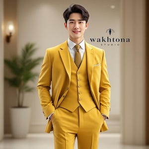 Men's Mustard Yellow 3 Piece Suit, Yellow Suit For Wedding, Casual Wear Suit For Men, Summer Wedding Suit.