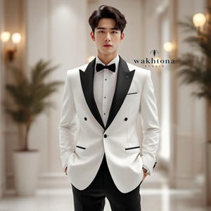 Men&#39;s White Tuxedo Suit -2 Piece Elegance With Black Satin Laepls - Striking Evening Attire - Wedding Suits Men.